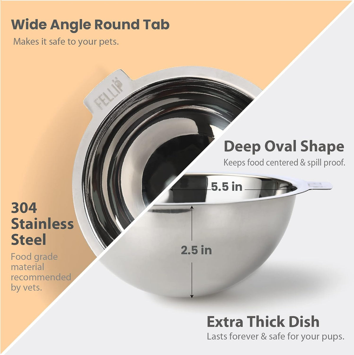 Felli Pet Oblik Acrylic Raised Dog Food Water Bowl Stainless Steel Slanted Oval Dish for Short Leg Puppy & Small Medium Pet, Elevated Tilted Metal Feeder(Gold, 1.5 Cups Oval Dish)