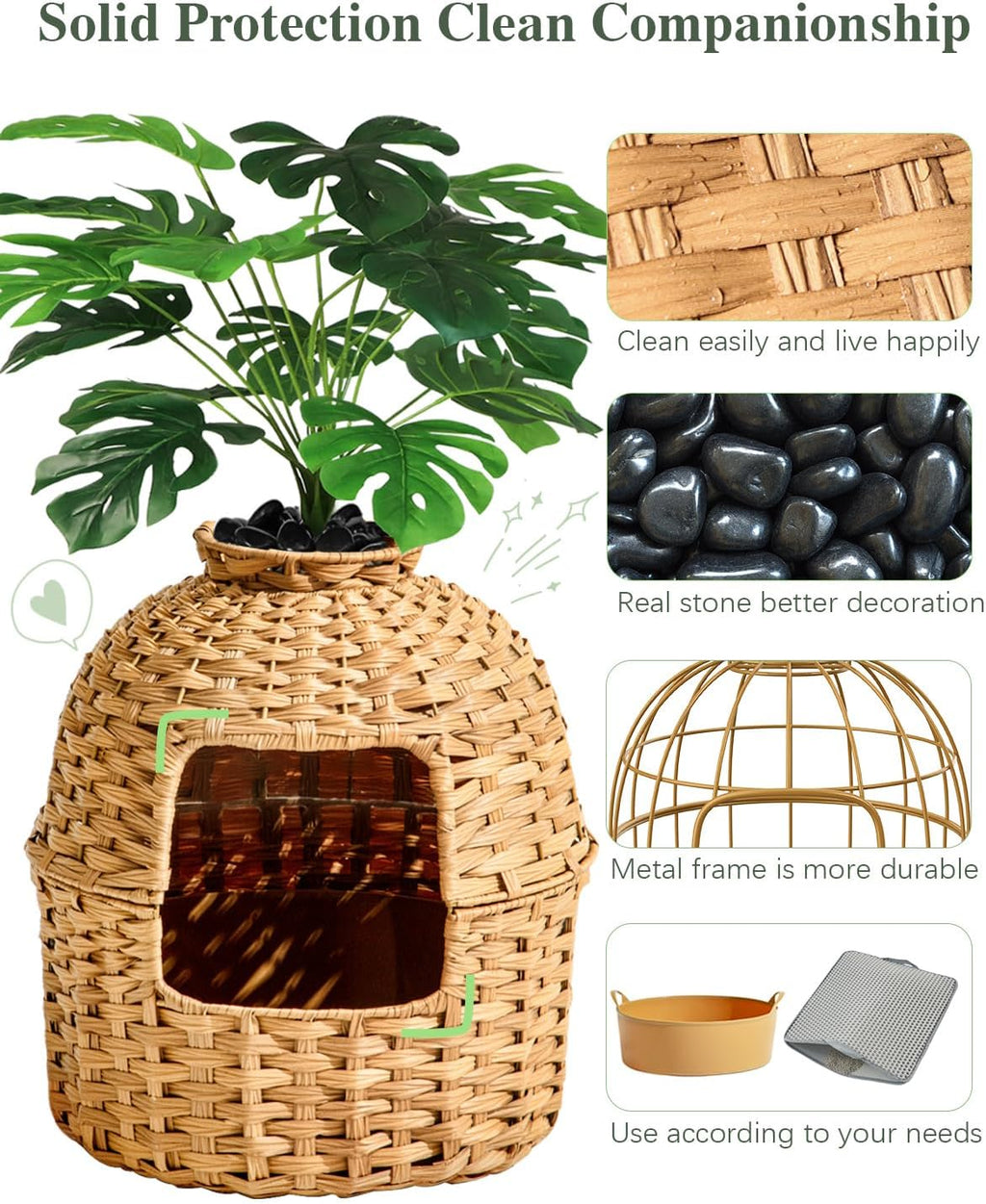 SETVSON Cat Litter Box Enclosure Plant, PE Rattan Kitty House, Natural