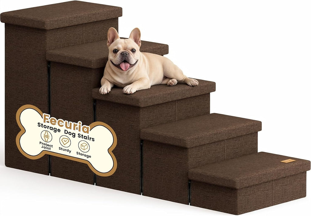 5-Step Wide Dog Stairs with Storage 23" H, Non-Slip Sturdy Pet Steps for High Bed Couch Window, Pet Stairs for Small/Medium/Large Old Dogs Cats Up to 260lbs, Cat Dog Steps for Car/SUV, Coffee
