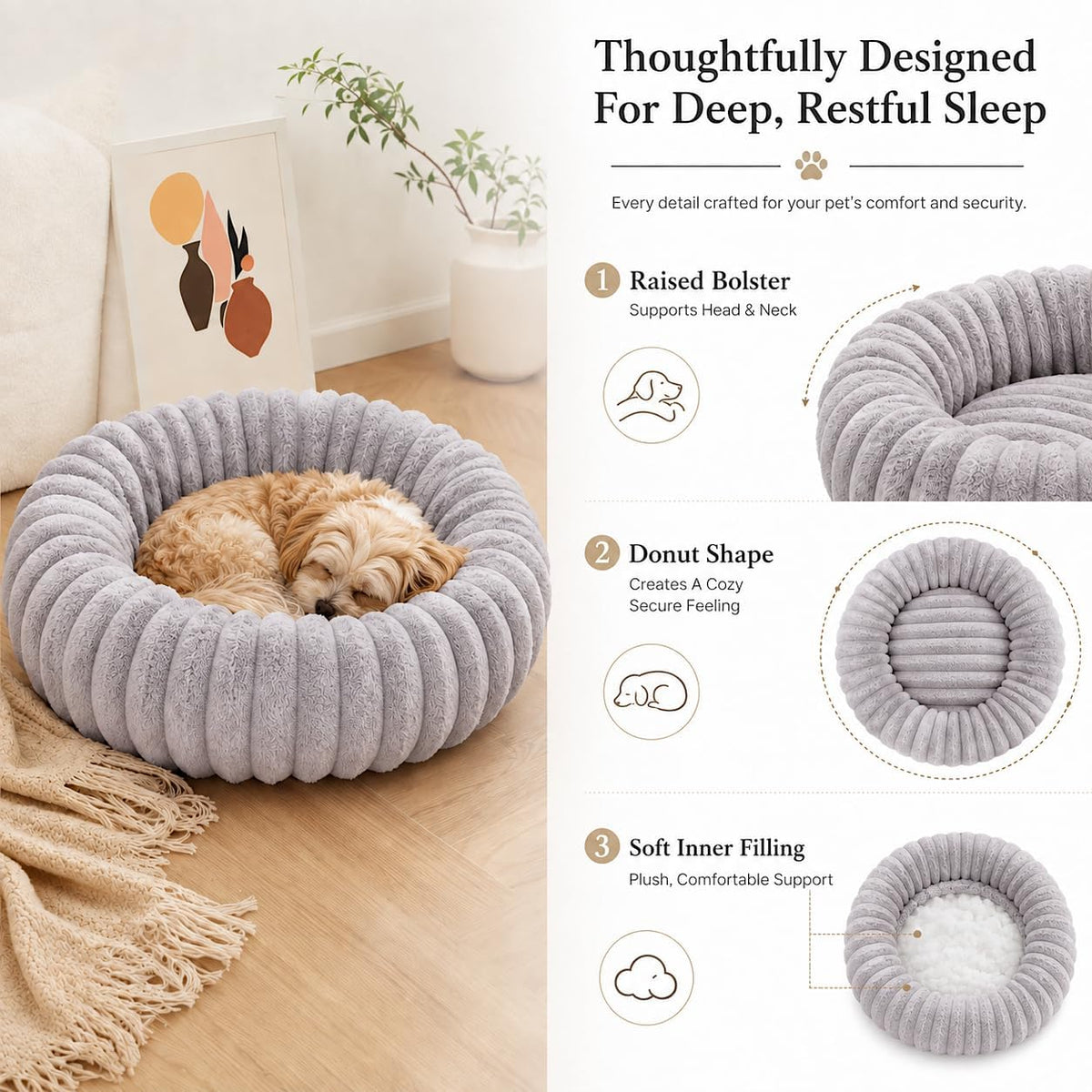 Calming Dog Bed Medium Size Dog Donut Washable Pet Bed, 31.5” Grey