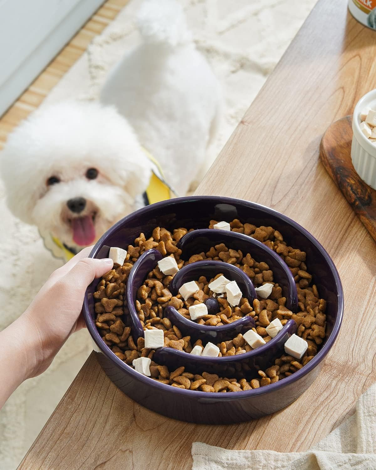 LE TAUCI Dog Bowls Slow Feeder Ceramic, 1.5 Cup Slow Feeding Bowl for Small and Medium Breed, Puzzle Dog Food Bowl for Fast Eater, Maze Purple 