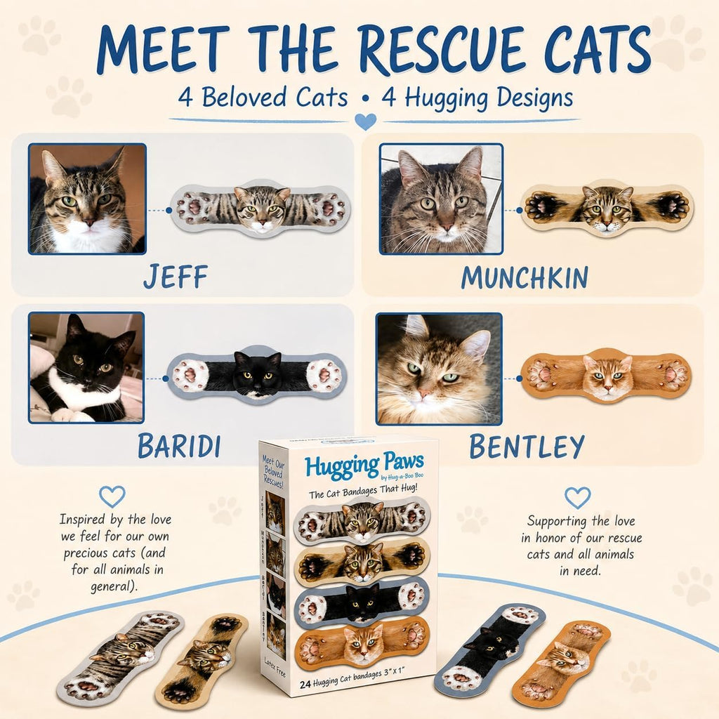Hugging Paws – Cat Themed Bandages from Hug-a-BooBoo, The Friendly Kitty Bandages that Hug! Beautiful Wound Coverings Feature Paintings of Actual Rescue Cats! Great Cat Lover Gift! 24 Count Box
