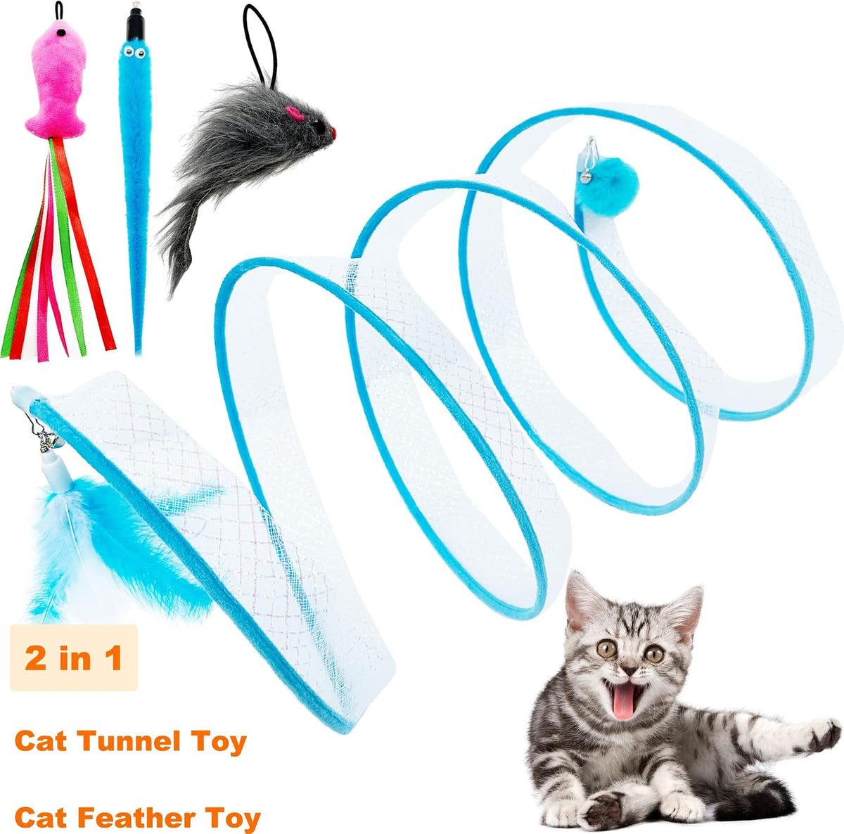 Self Play Cat Hunting Spiral Tunnel Toy, Folded Cat Spring Tunnel Toys for Indoor Cats (Blue)