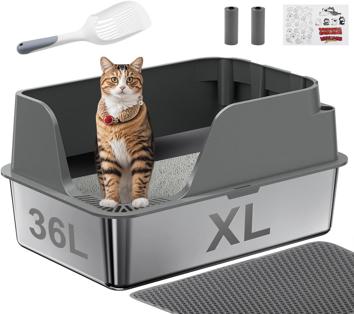 Non-Stick Stainless Steel Litter Box, XL Side Open Splash-Proof&Leak-Proof | Seamless Seal, Ellenpent Large Capacity, Cat Litter Box with Lid for Multi-Cats, Large Cats, Easy-Clean & Durable (Gray)
