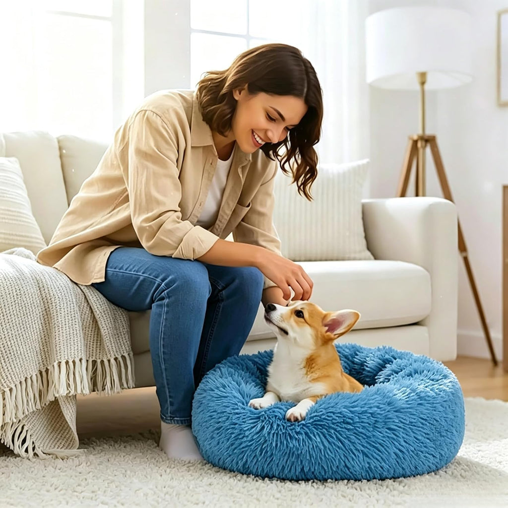 Calming Donut Dog Bed for Small Dogs, Anti-Anxiety Round Washable Plush Fluffy Faux Fur Large Cat Bed, 24 inches Fits up to 25 lbs Pets, Anti-Slip Waterproof Mute Base Blue