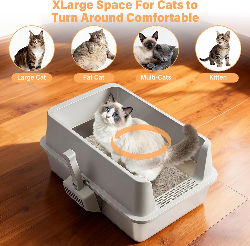 Stainless Steel Litter Box XL-Metal Cat Litter Box for Big Cat | Large Metal Litterbox with High Side，Non-Stick, Odor-Resist, Anti-Urine Leakage, Easy-Clean, Includes Mat & Scoop