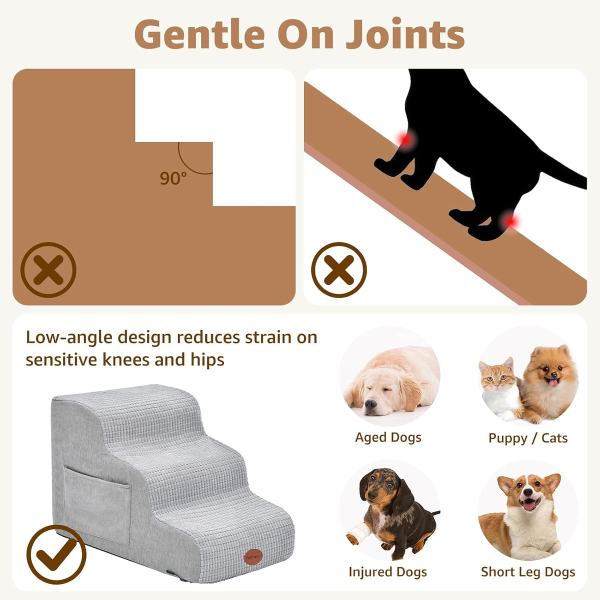 Woochpet 3-Tier Dog Stairs for Beds Foam Ramp Stairs for Couch Light Grey