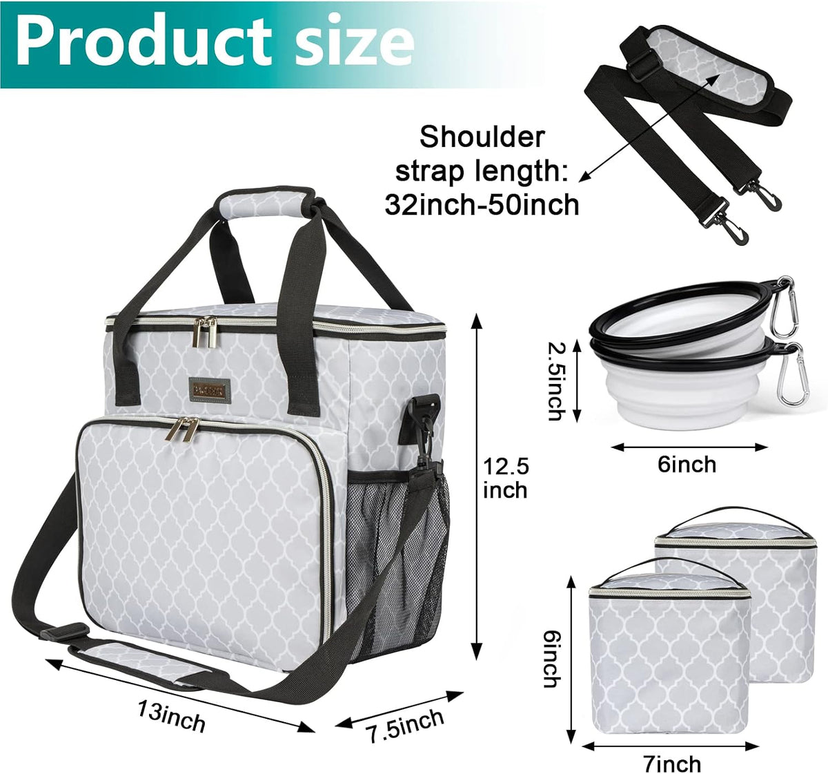 BAGLHER Dog Travel Bag, Pet Travel Bag (ALL Pet Travel Supplies), With 2 Pet Food Containers and 2 Collapsible Silicone Bowls; Essential Kits for Pet Travel DLwhite