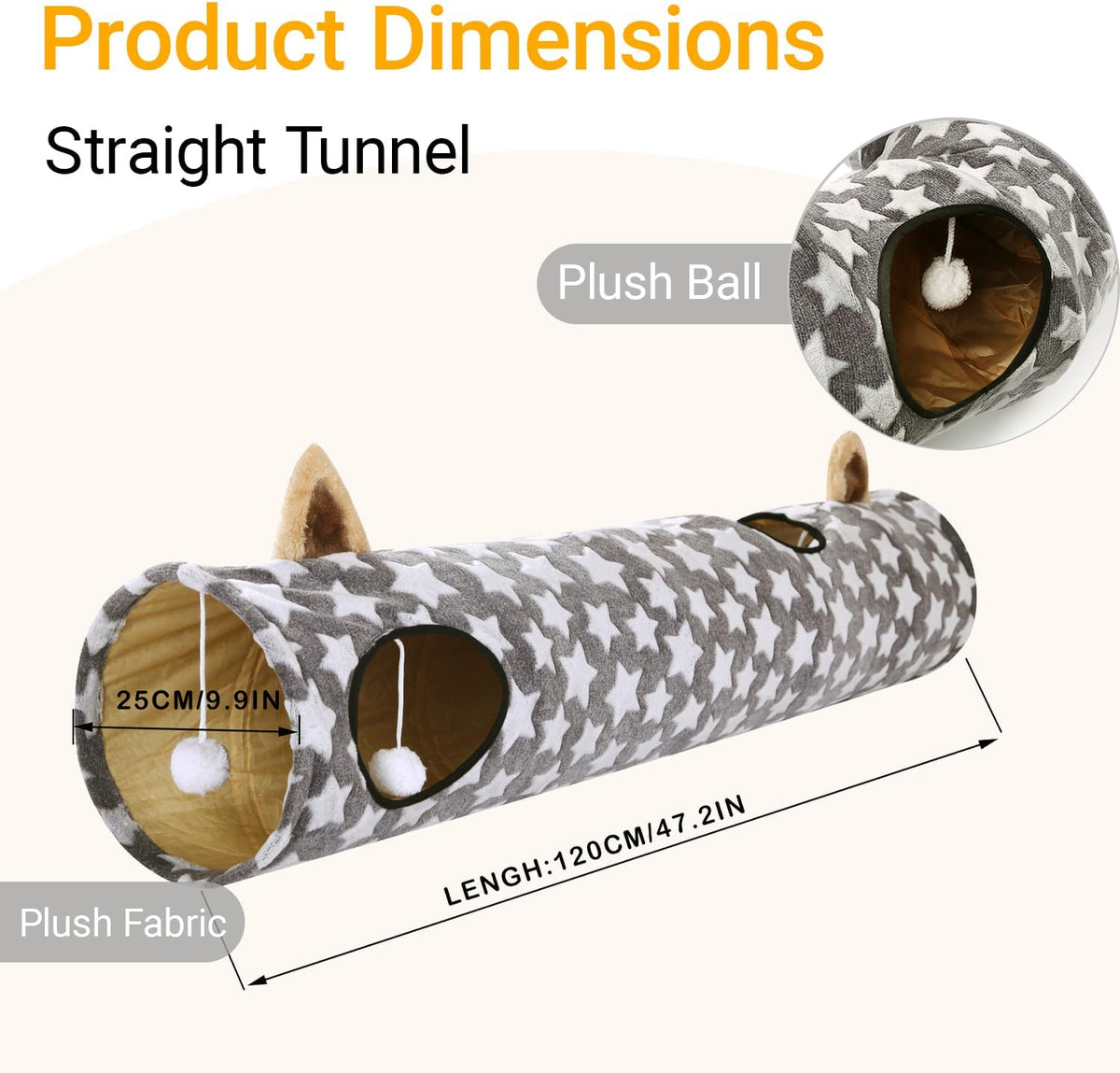 Cat Tunnel -Straight-Shaped, Gray Star Pattern, Soft Velvet Exterior, Oxford Fabric Fog-Proof Interior, Plush Toy Ball, Easily Washable, Conveniently Foldable, 47.2in/120cm