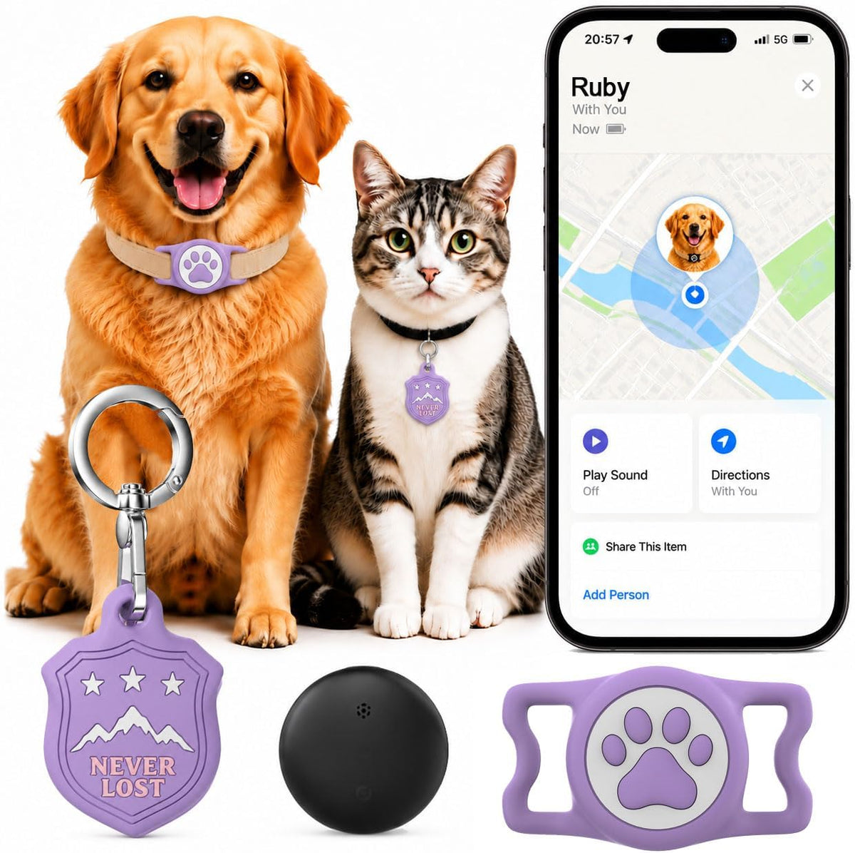 Dog Tracker with Apple Find My, GPS Pet Tracker for Dogs and Cats