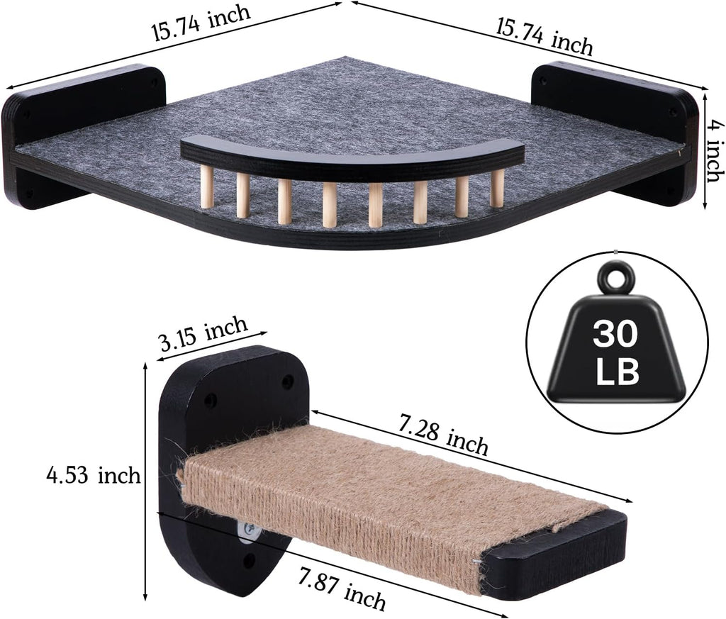 Cat Shelves - 3-Step Wall Climbing Set with Plush Covered Bed, Corner Mounted for Large Cats