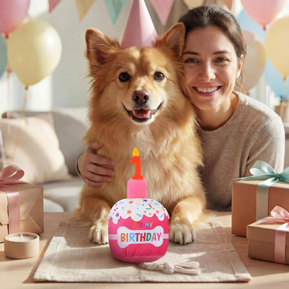 Dansydaisy Dog Birthday Cake Toy Squeaky Plush Gift,1st,Rose Pink | Interactive Squeaky Gift for Dogs, Dog Birthday Decor , Soft Chew for Small Medium Large Pets, Cake Design with Candle