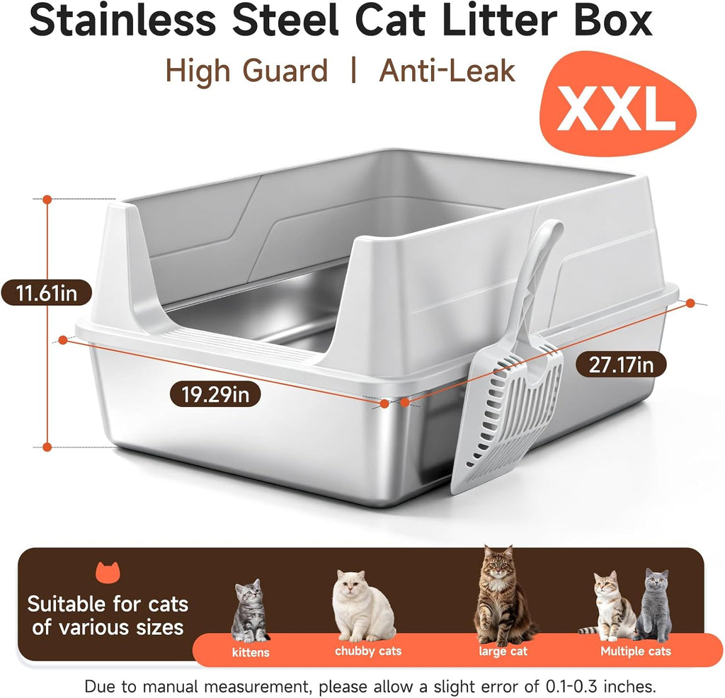 XXL Stainless Steel Cat Litter Box with High Guard Anti-Leak Scoop, Gray