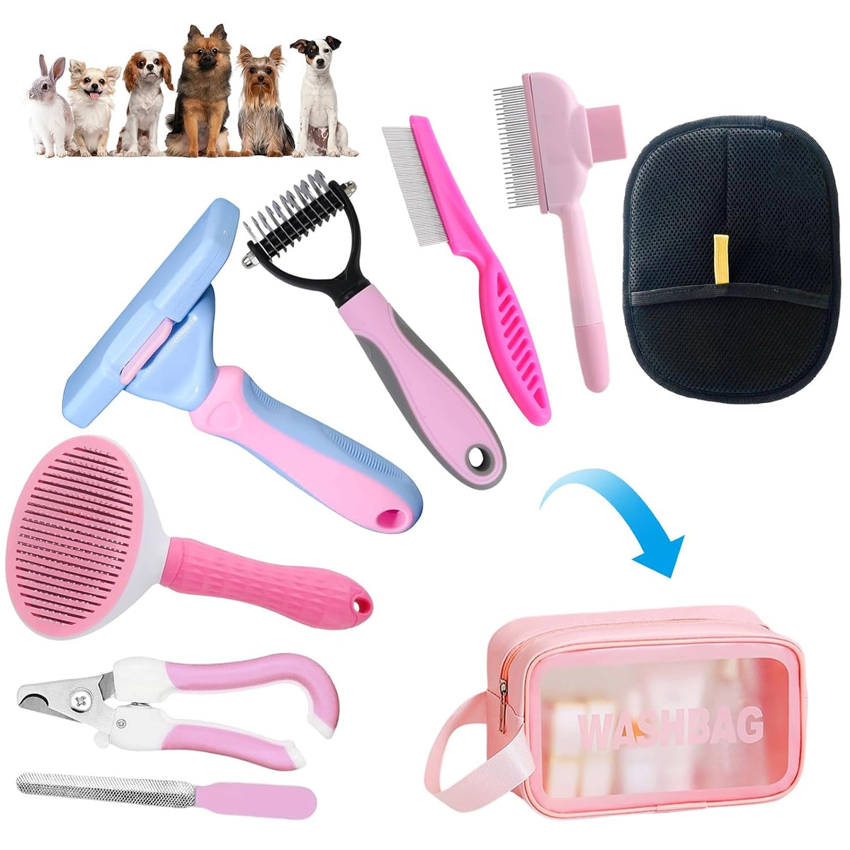 Oromaviela 8PCS Dog Rabbit Bunny Cat Grooming Kit, Self-Cleaning Slicker Brush & Deshedding Comb, Dematting Tool, Nail Clipper File, Flea Comb, Portable Storage Bag for Long/Short Haired Pets(8, pink)