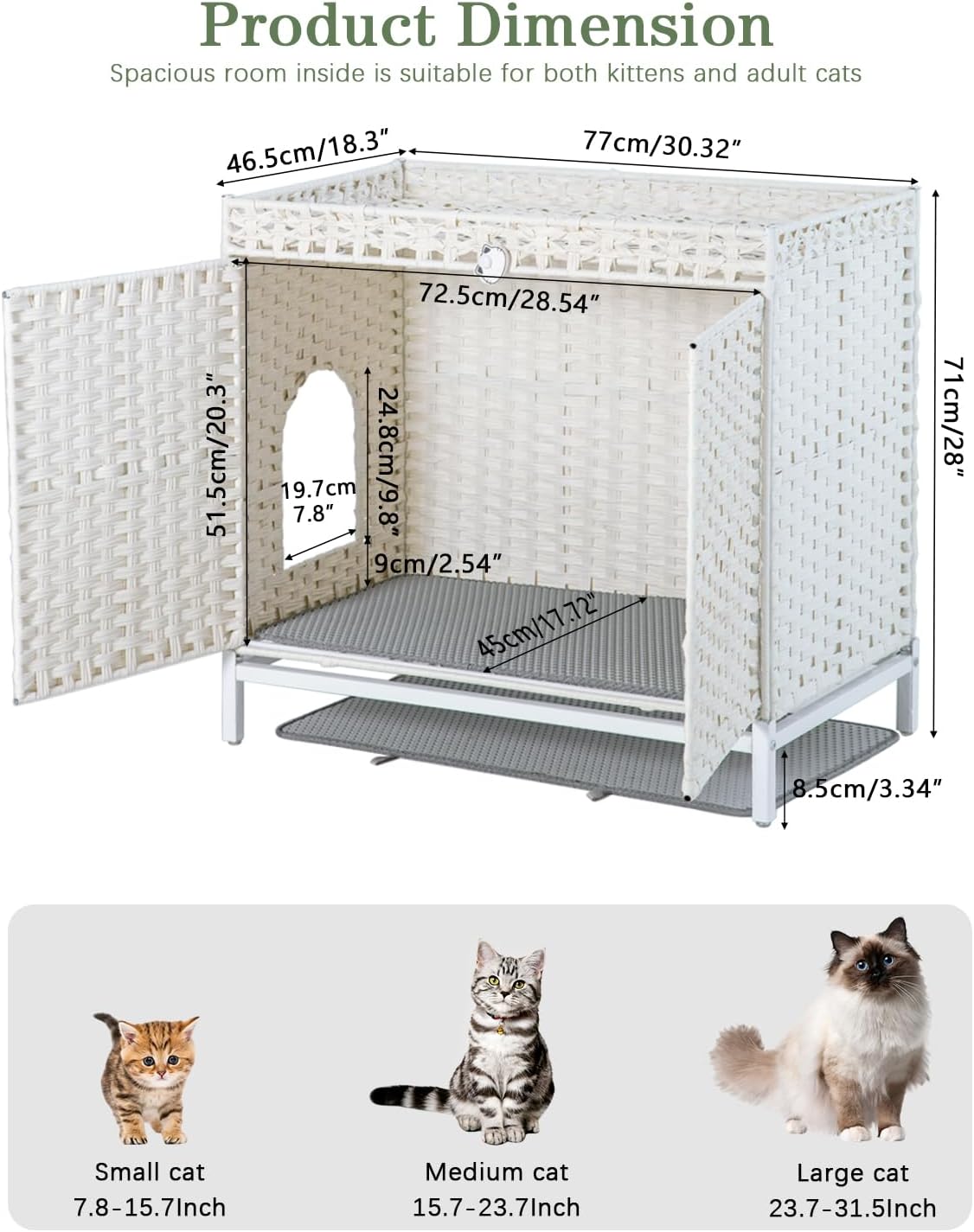 SETVSON Cat Litter Box Enclosure Furniture, Hidden PE Rattan House, White | Handwoven PE Rattan with Dual-Layer Mat, Heightened Metal Feet, 2 S-Hooks, 30.3x18.3x28 Inches Spacious Privacy & Dog Proof
