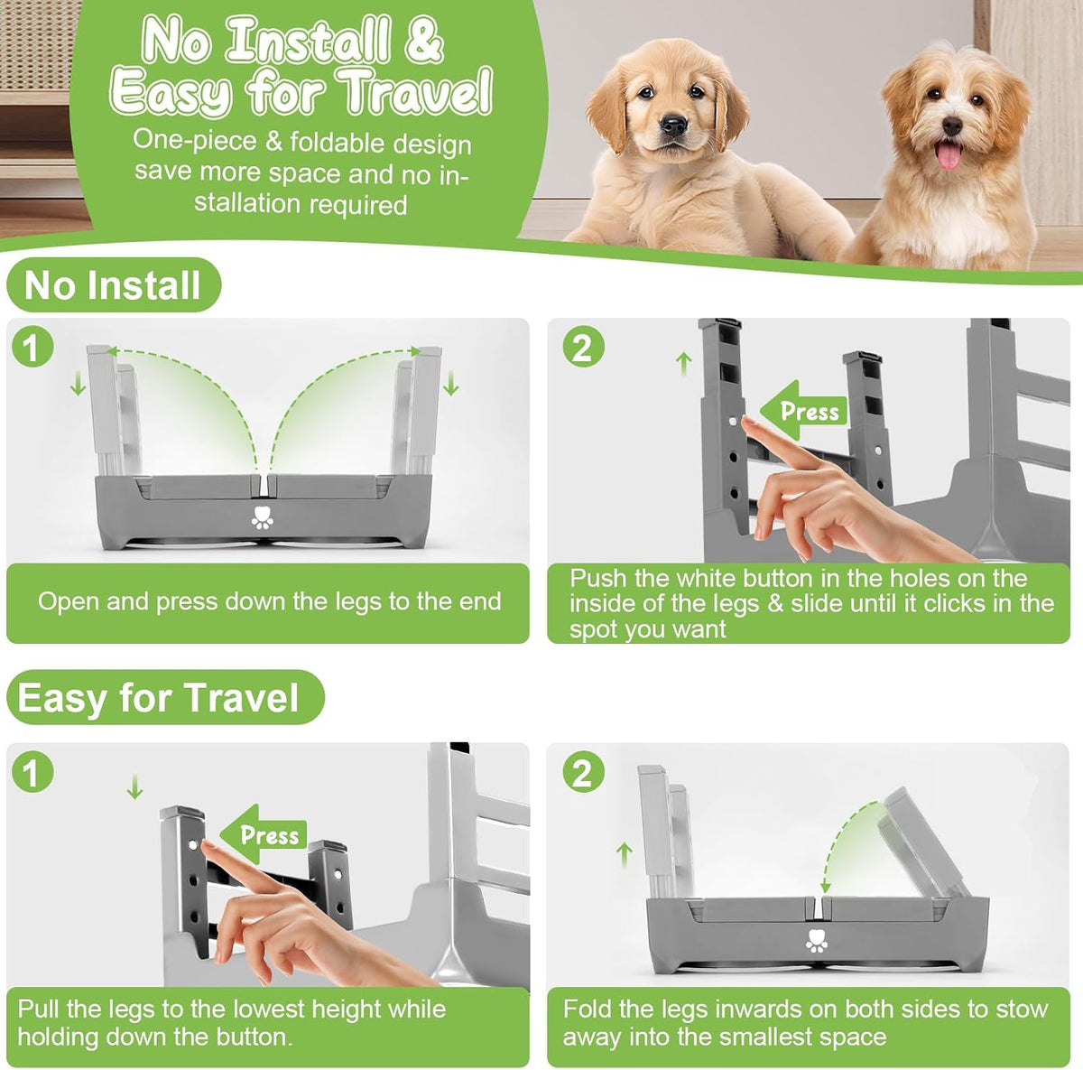 Elevated Raised Dog Bowl Stand with 2 Stainless Steel Bowls, Adjustable Height for Medium Large Dogs, 12.36" - 3.7" Foldable Feeder, Grey