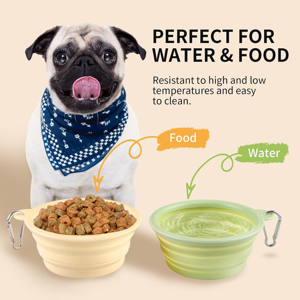 Collapsible Dog Bowls 2-Pack, Portable Travel Dog Bowl with Carabiner, Food-Grade Silicone Pet Bowl for Hiking, Walking(Macaron Yellow and Green)