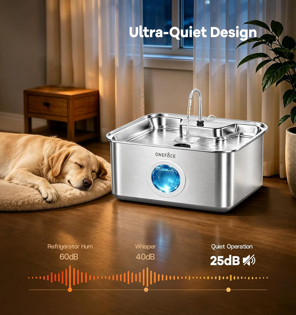 ONEFACE 4.5Gal Dog Water Fountain, 304 Stainless Steel, Quiet Large Dogs