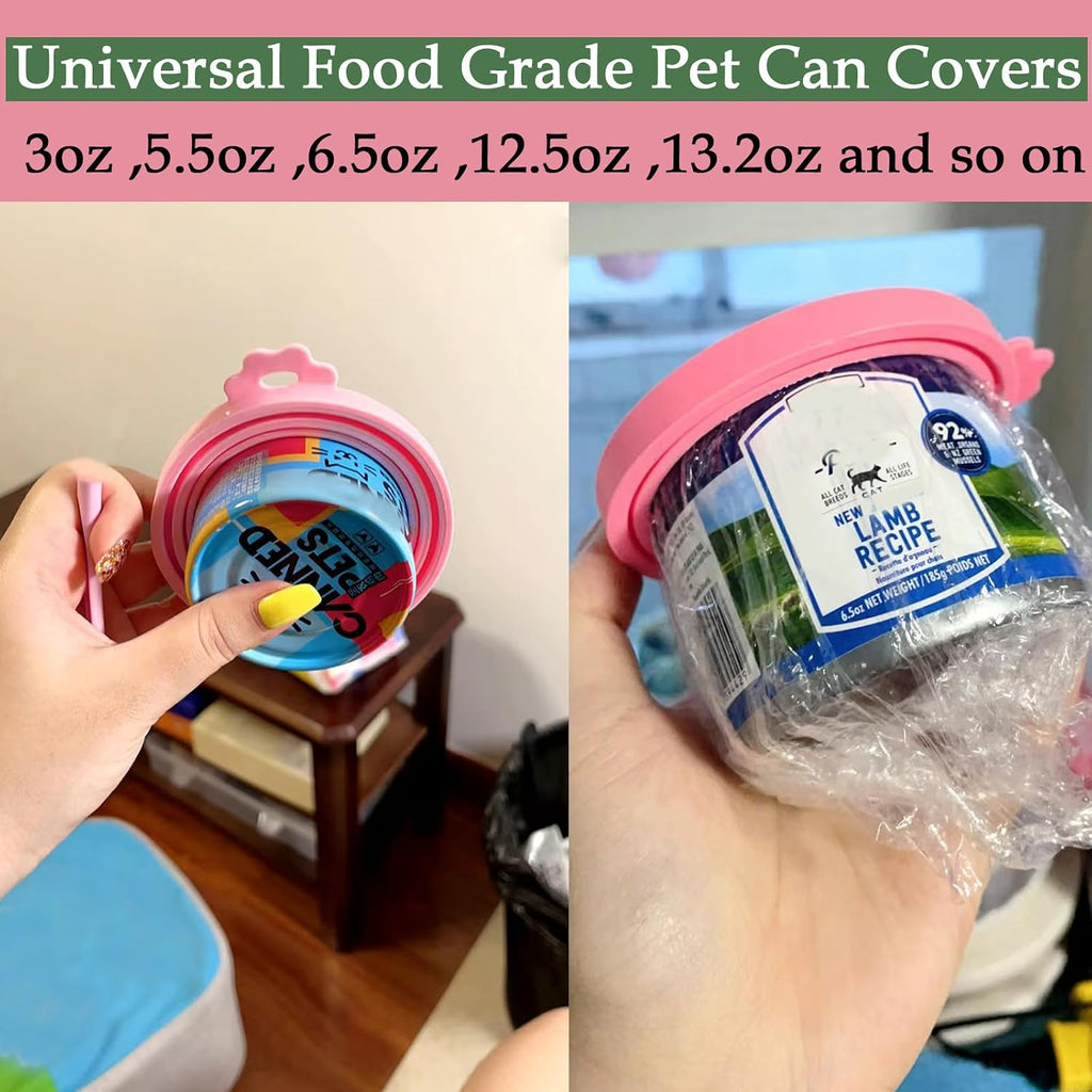 SJANE Cat Food Can Spoons & Can Lids | 4 Pcs | Multi-function Opener | Silicone Pet Food Covers | Stainless Steel Wet Food Spoon for Cats and Dogs(Pink)