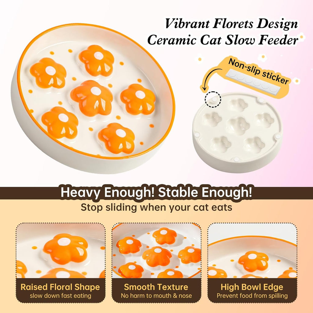 Ceramic Slow Feeder Cat Bowl, 6.3" Whisker Friendly Anti-Vomit, Orange