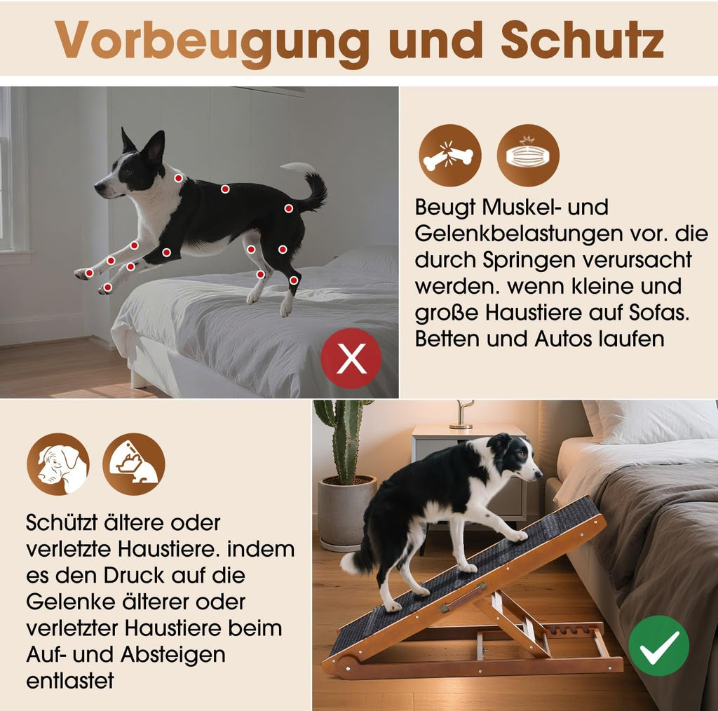 Dog Ramp for Bed - Foldable Small to Large Dog Ramp for Couch - 6 Adjustable Height from 12" to 24" - Stairs with High Traction Mat - Wooden Ramp for Dogs to Get on Bed Couch Car Up to 200LBS（Walnut）