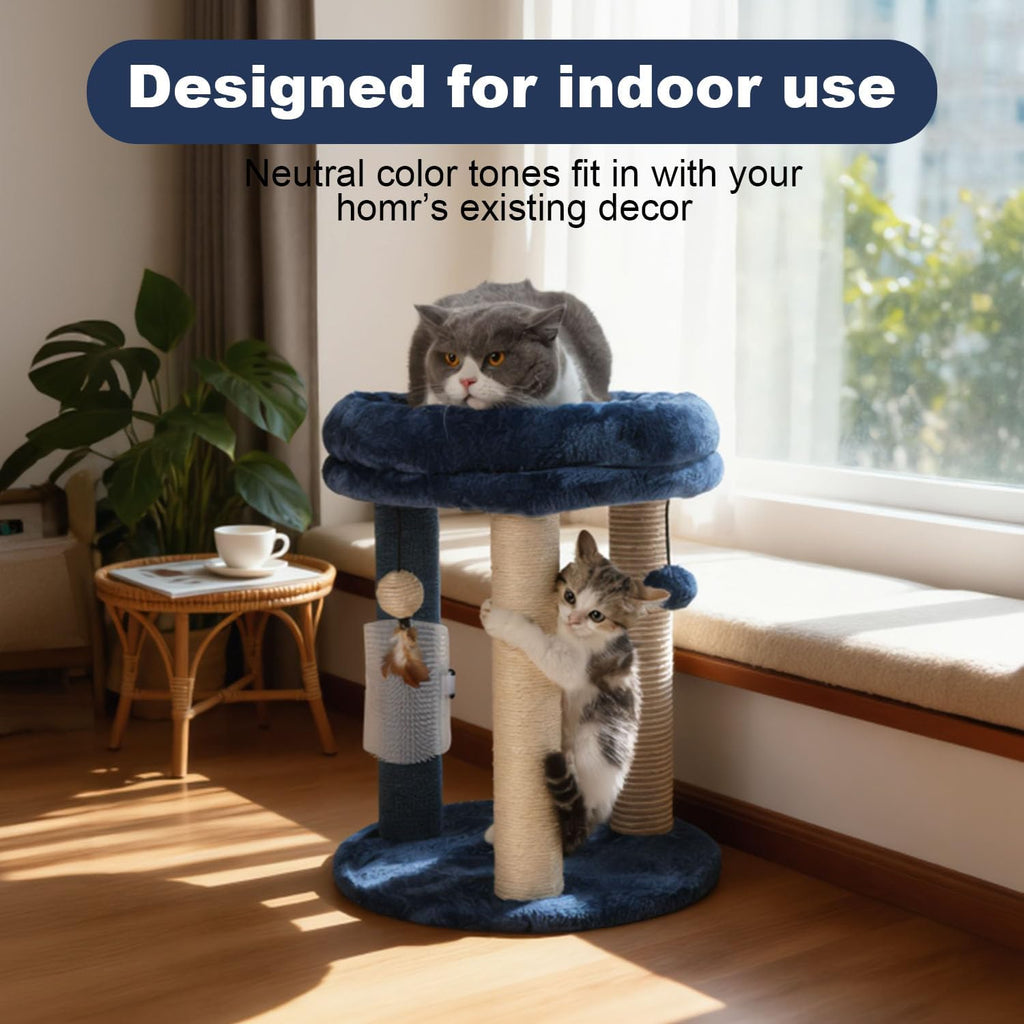 MECOOL Cat Scratching Post Tree with Tower Soft Bed.Natural Quality Sisal Carpet Jute Scratch Posts with Three Hanging Ball Toys and Massage Brush for Indoor Cats and Kittens Blue