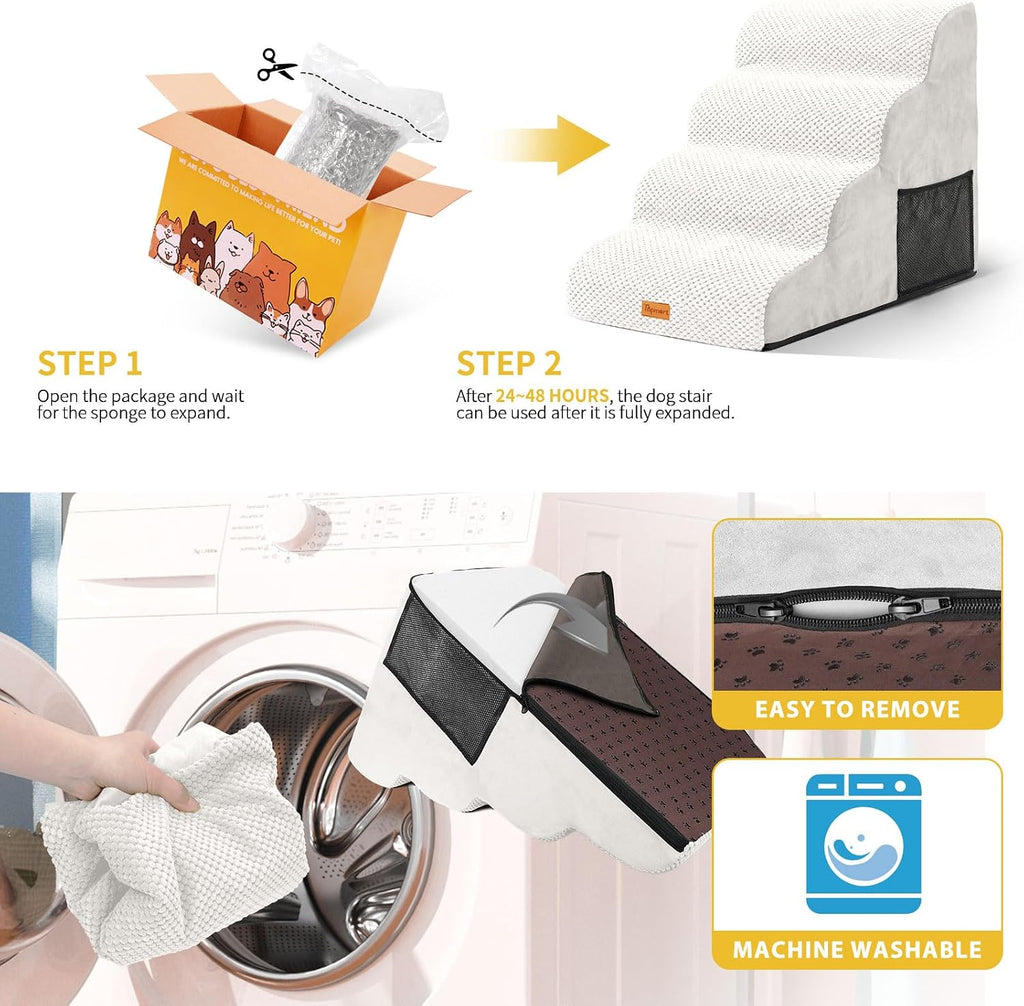 4-Step Dog Stairs for Small Dogs, Non-Slip Foam Pet Steps for High Beds