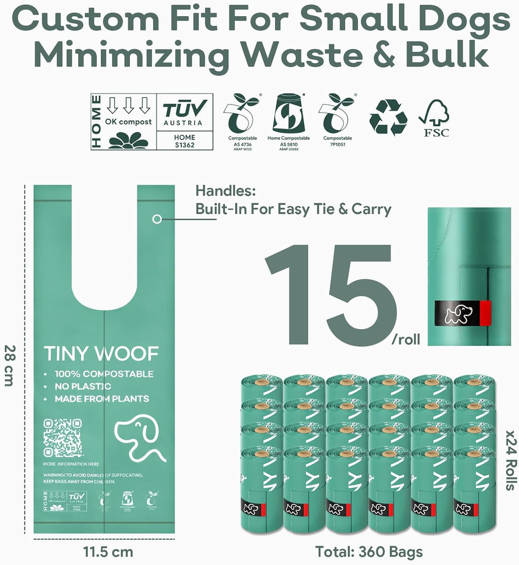 Small Dog Poop Bags, Compostable Plant-Based Waste Bags with Tie Handles, 24 Rolls (360 Count), Leak-Proof, Sized for Chihuahua, Pomeranian, Toy Poodle and Puppies