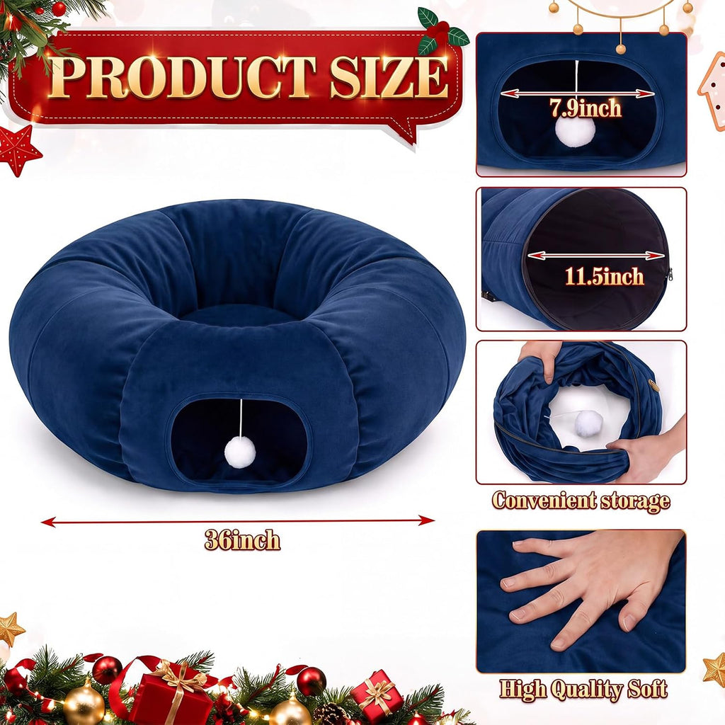 Christmas Tree Cat Tunnel 36 in Donut Bed, Navy Blue, Velvet, Fluffy