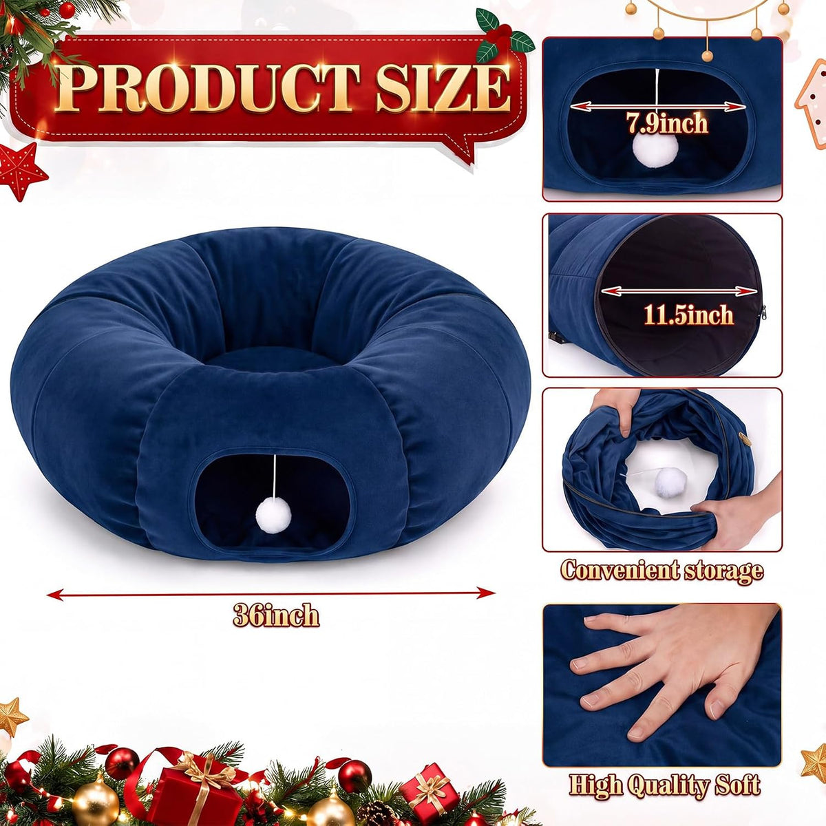 Christmas Tree Cat Tunnel 36 in Donut Bed, Navy Blue, Velvet, Fluffy
