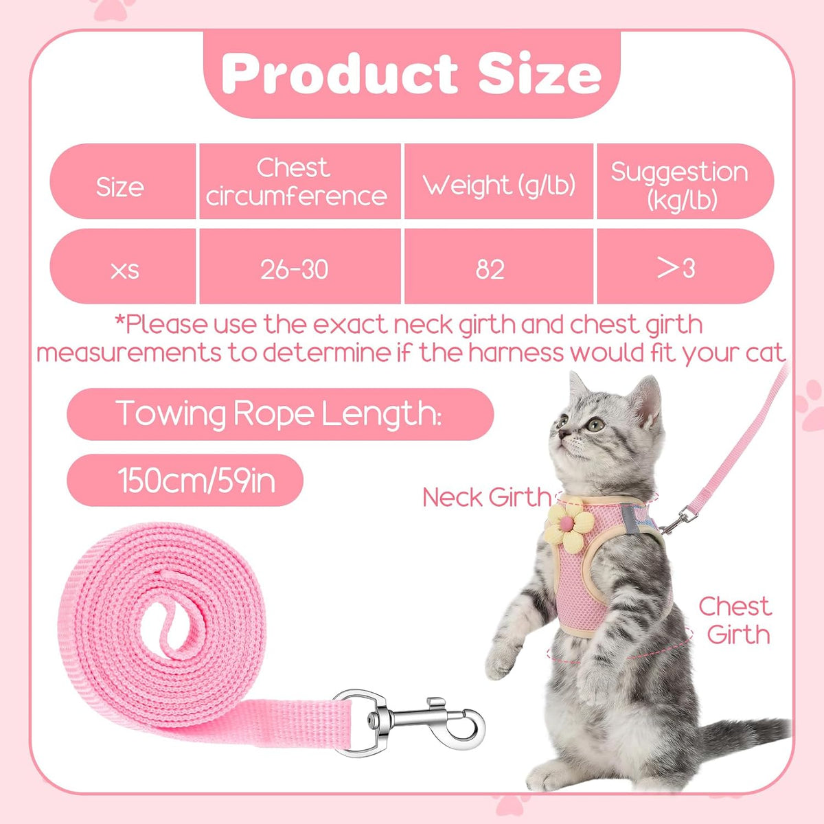 Flower Cat Harness and Leash Set for Walking, 10.2-11.8in
