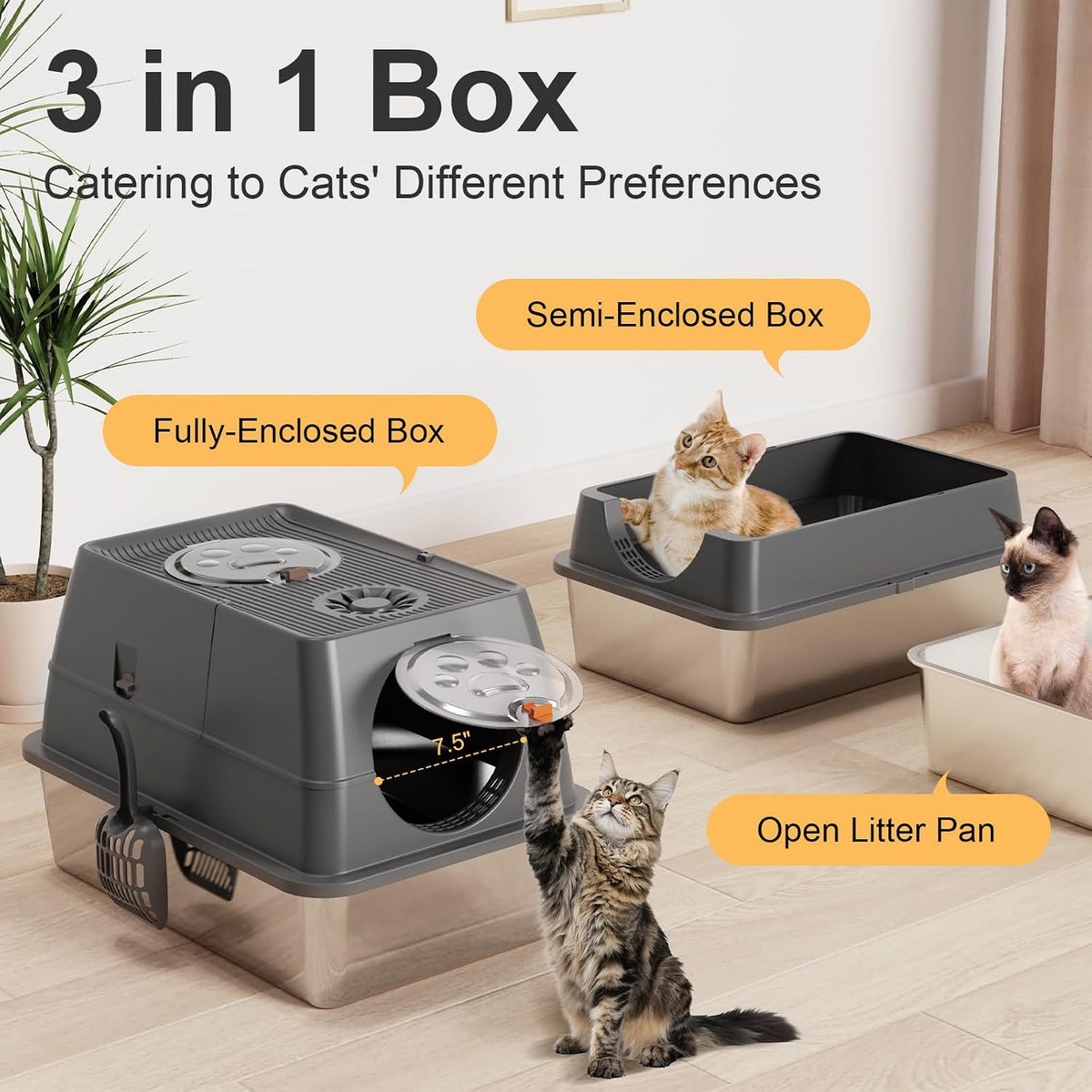 2PACK Stainless Steel Litter Box with Lid, XL Extra Large Litter Box Enclosed Top Entry Metal Litterbox for Big Cats & Multi-Cats, Easy Cleaning Anti Leakage, High Sided with Mat & Scoop, Dark Grey