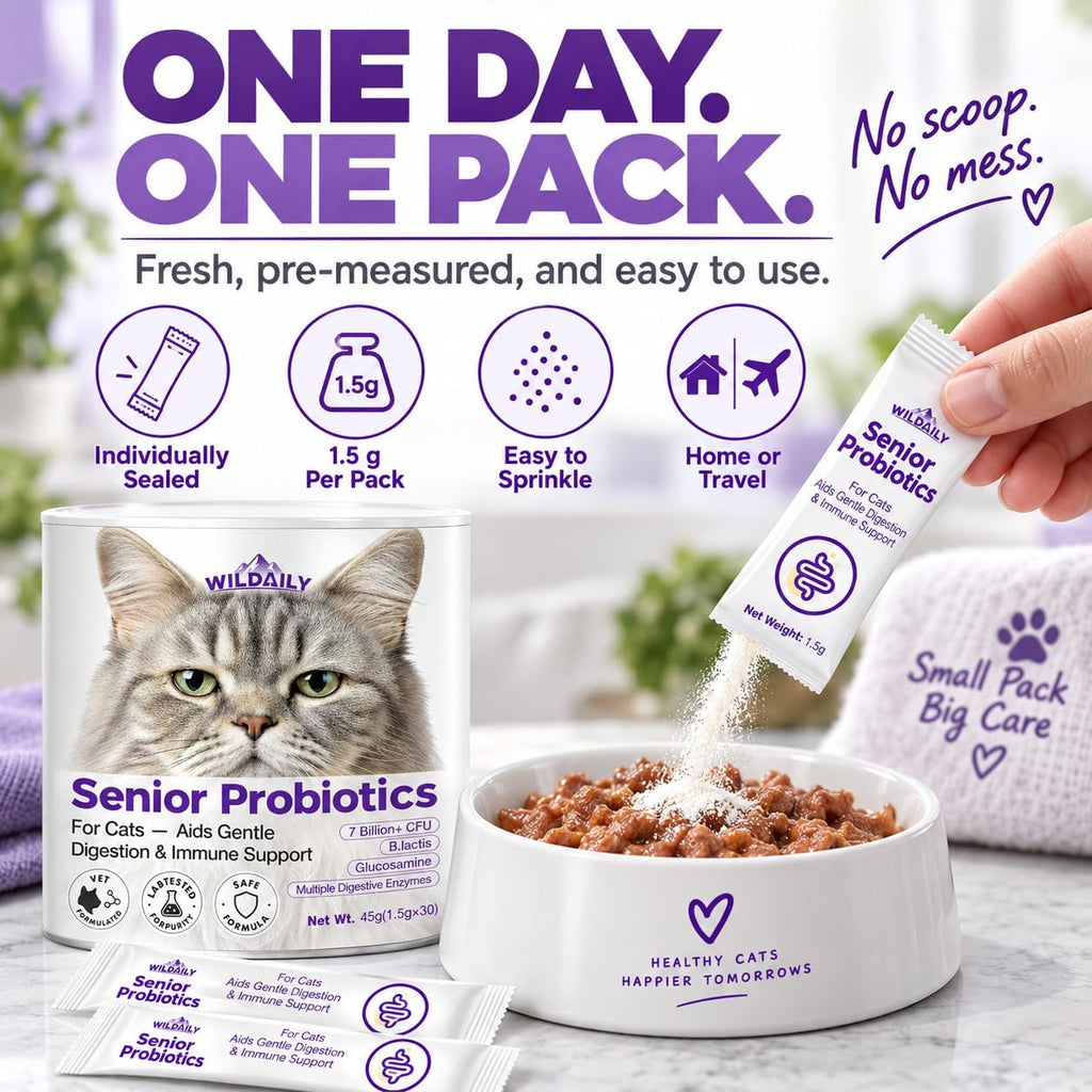 Probiotics for Cats with Prebiotics, 7 Billion CFU Digestive & Gut Health Support for Senior Cats, Daily Probiotic Powder for Older Cats, 30 Stick Packs