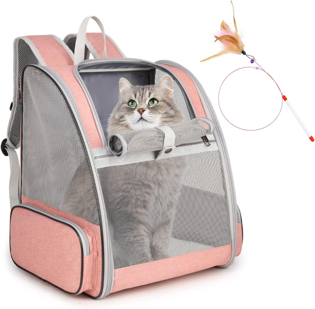 Cat Backpack Carrier, Small Dog Carrier Backpack with Fully Ventilated Mesh, Kitten Wand Feather Toy & Safety Leash, Collapsible Travel Hiking Pet Carrier for Small Dogs Cat Puppy Kitten Bunny (Pink)
