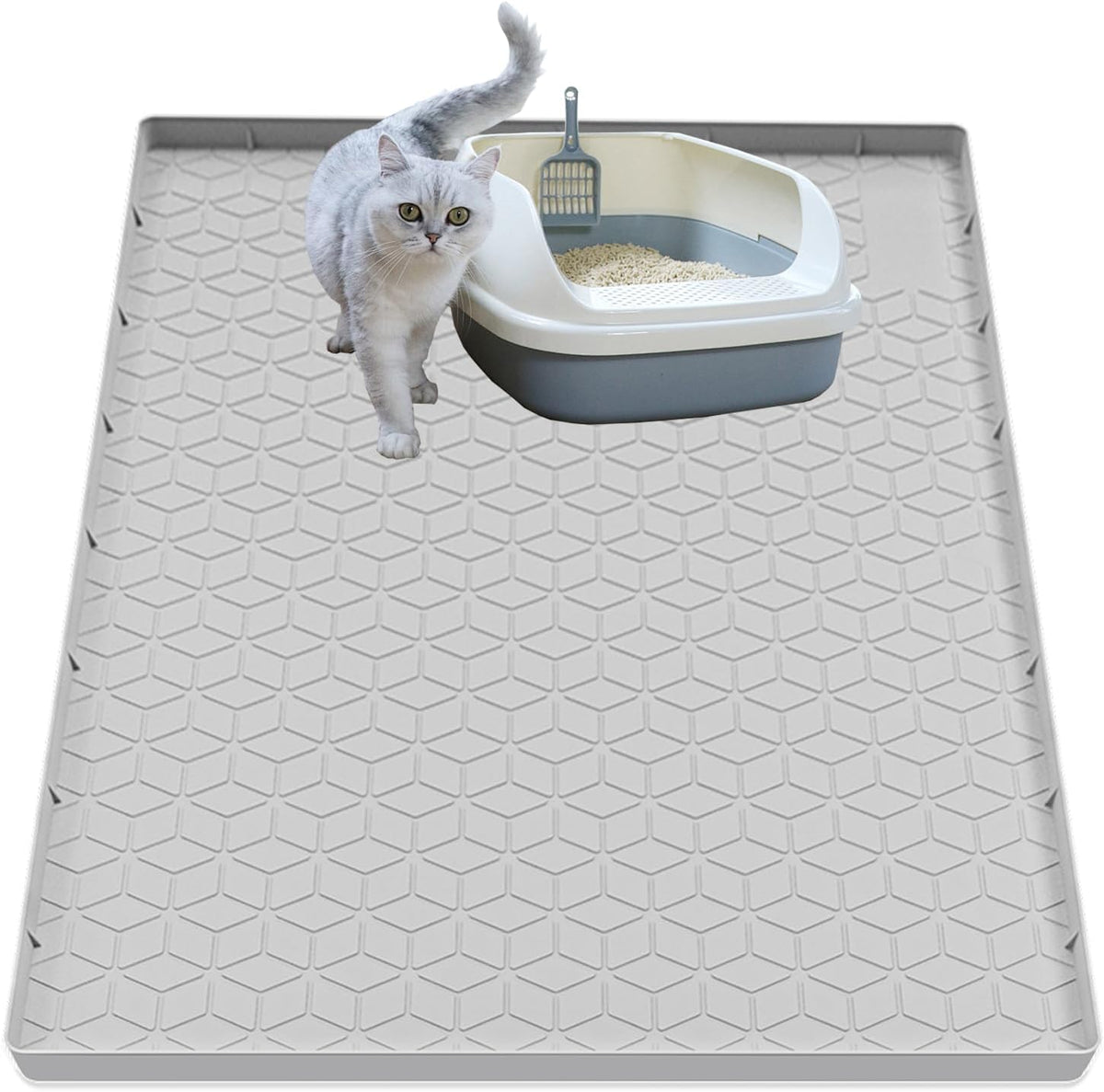 Cat Litter Mat for Litter Box, Silicone Large Cat Litter Trapping Mat - 34x22 in, Waterproof & Non-Slip, Durable & Easy Clean, Light Gray