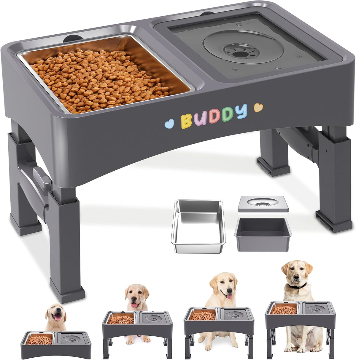 Decflow 2-in-1 Elevated Dog Bowls with 4 Height Adjustable Raised Stand | 304 Stainless Steel Dog Food Bowl, No Spill Water Bowl, DIY Stickers, Anti-Slip Pet Feeder Set for Small, Medium & Large Dogs