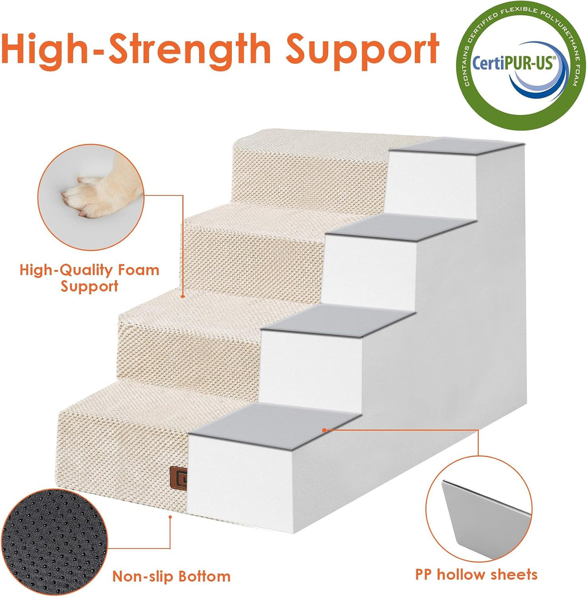 EHEYCIGA Dog Stairs for Bed 20" H, 4-Step Extra Wide Dog Steps, Beige