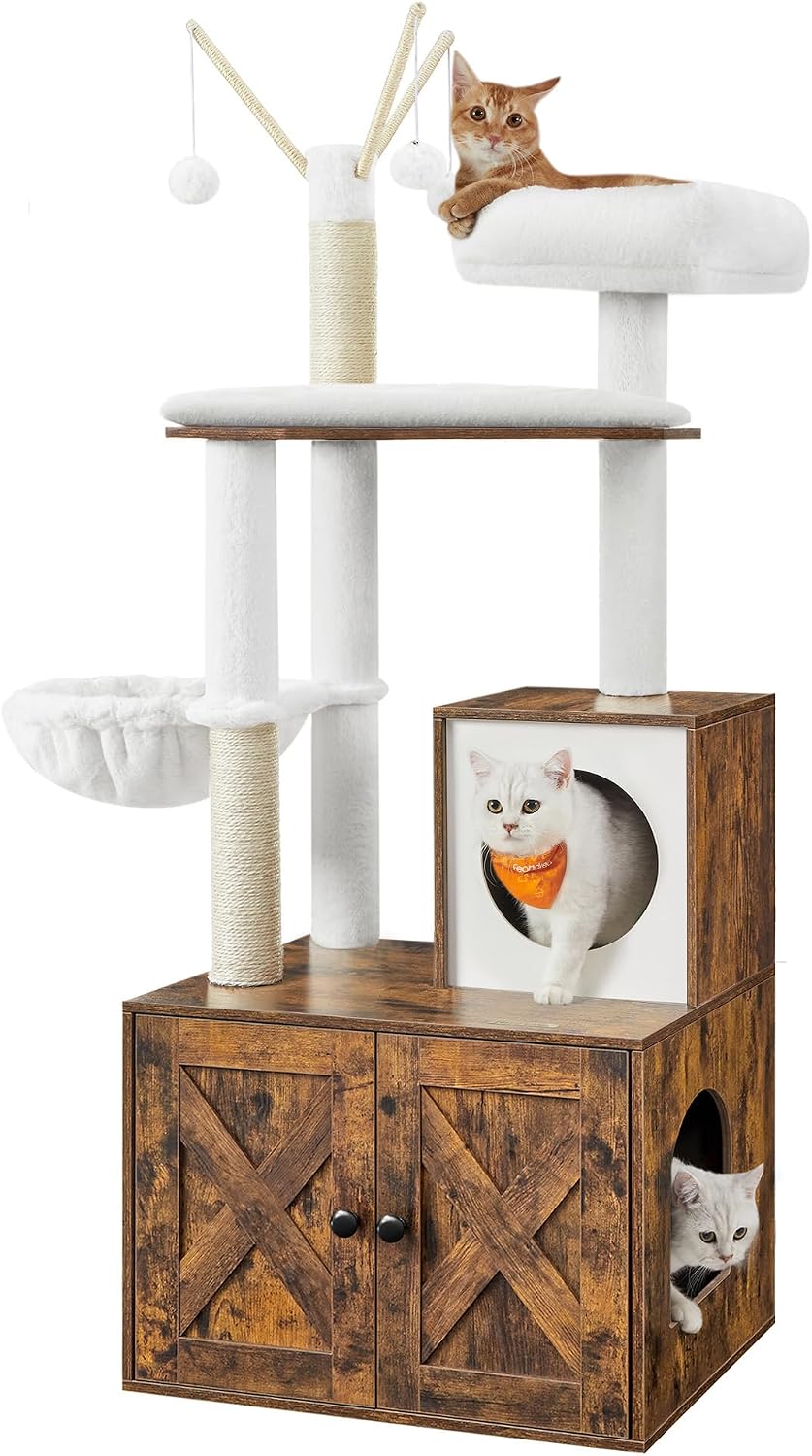 Feandrea Cat Tree with Litter Box Enclosure, 59-Inch, 2-in-1 Condo