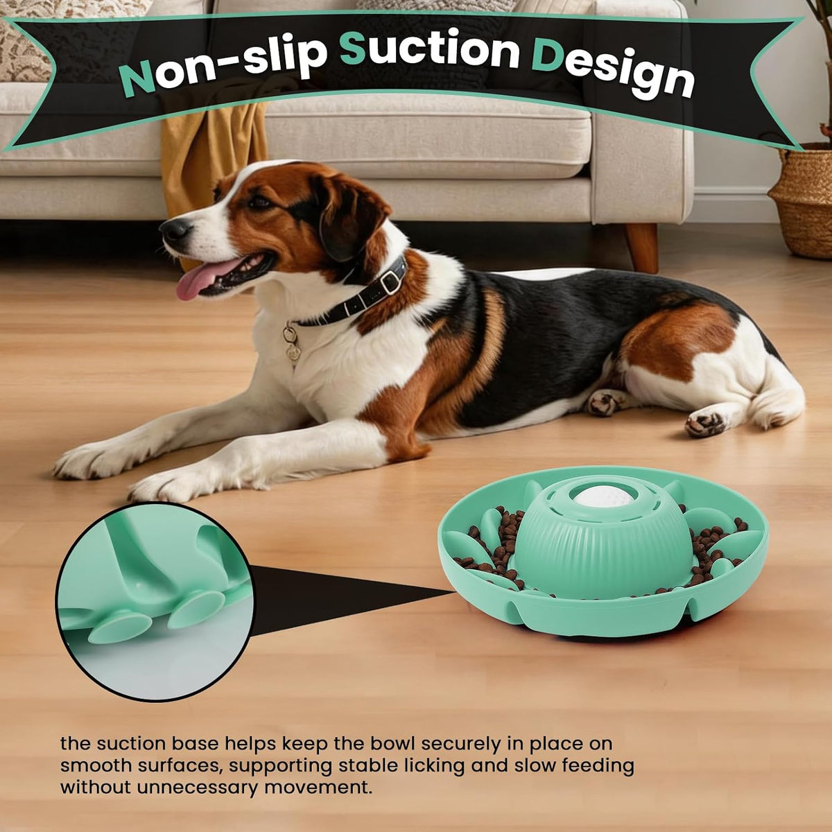 PUPPYGANG 2-in-1 Slow Feeder Dog Bowl & Dog Lick Bowl for Medium Large Dogs, Silicone Puzzle Feeder with Removable Lick Ball, Suction Base Bowl for Kibble, Wet Food, Yogurt & Peanut Butter (Green)