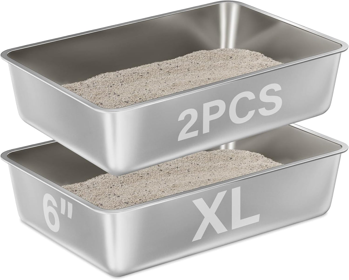 Stainless Steel Litter Box 2 Pack,XL Metal Litter Box for Big Cats | High Sided Litter Box Adult Big Cats,Cat LitterBox Metal Pet Toilet Easy to Clean,Non Stick, No Smell,23.6"x15.8"x6"