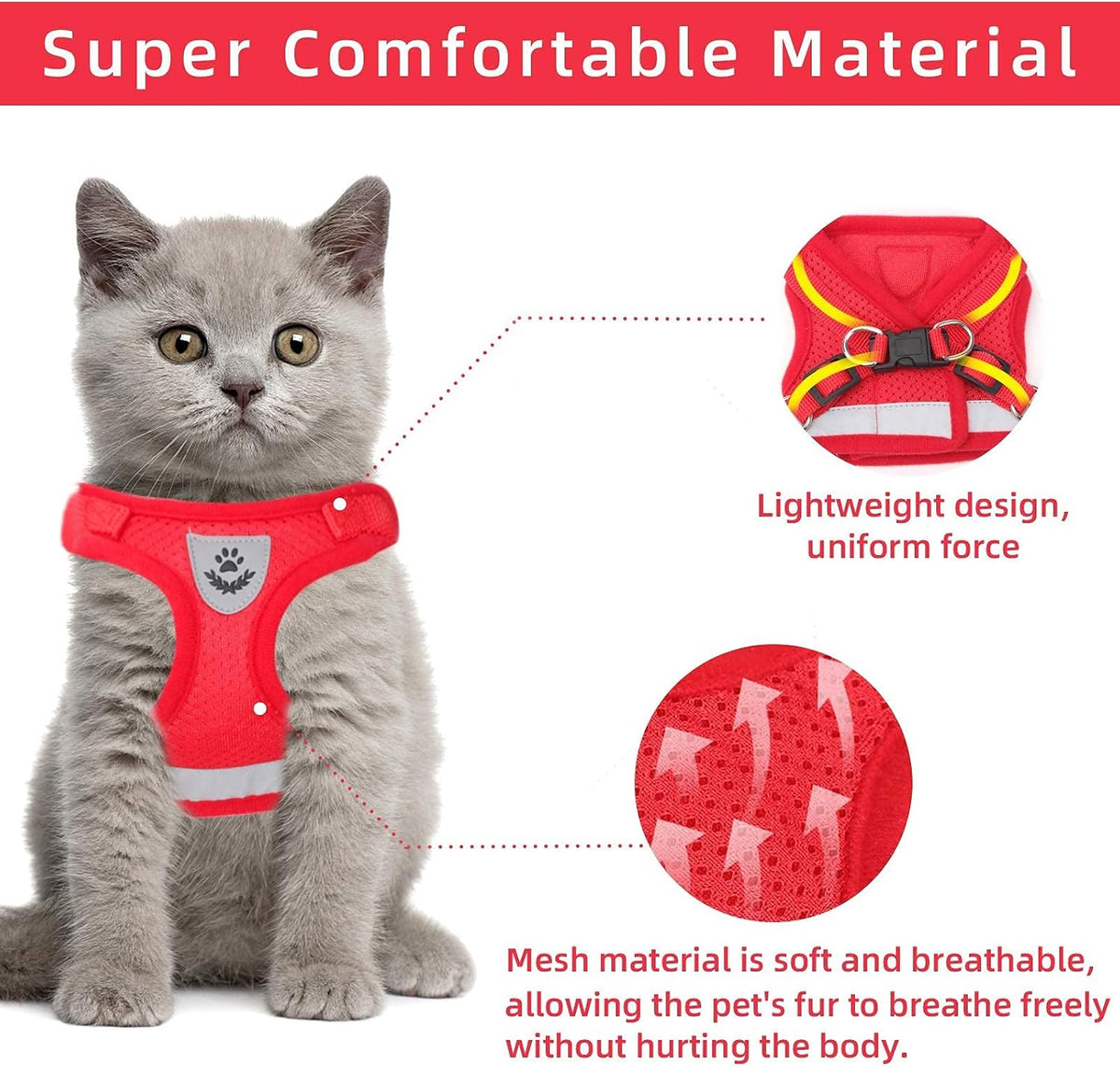 Cat Vest Harness and Leash Set, Escape Proof Kitten Harness Red M