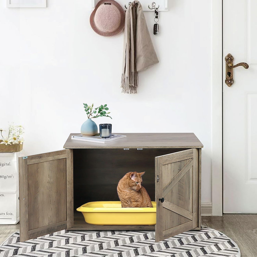 Timberer Cat Litter Box Enclosure, Hidden Litter Box Furniture with Divider | Wooden Cat Washroom Furniture, Indoor Cat House, Dog-Proof, Fits Most of Litter Box, Grey