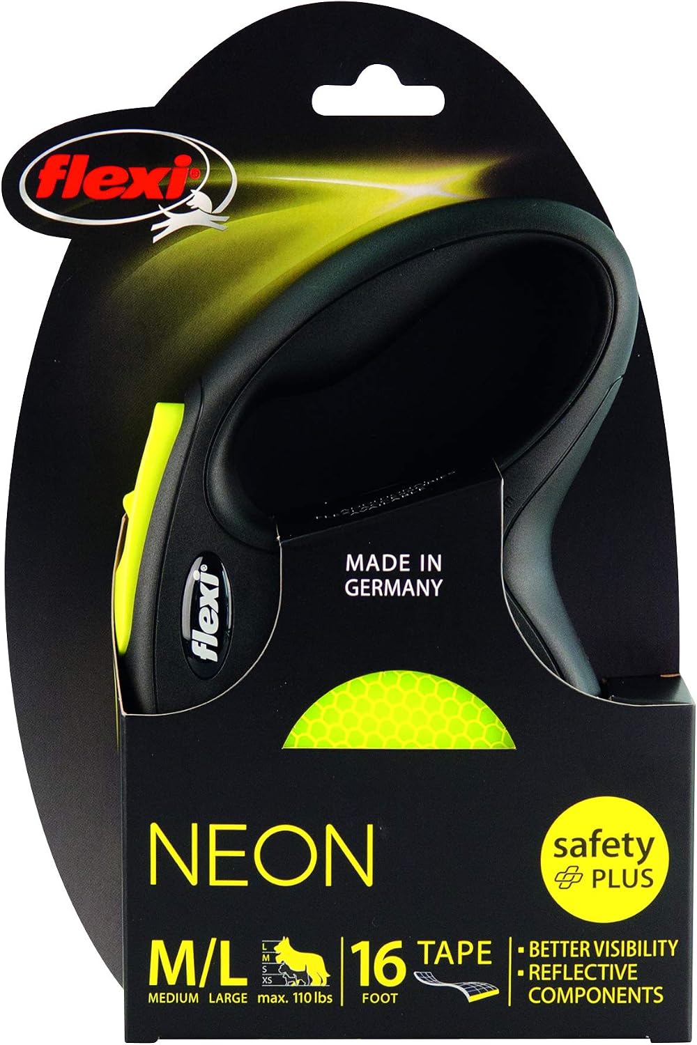 FLEXI® Neon Tape Retractable Dog Leash, Large, 16 ft - Neon Yellow/Black