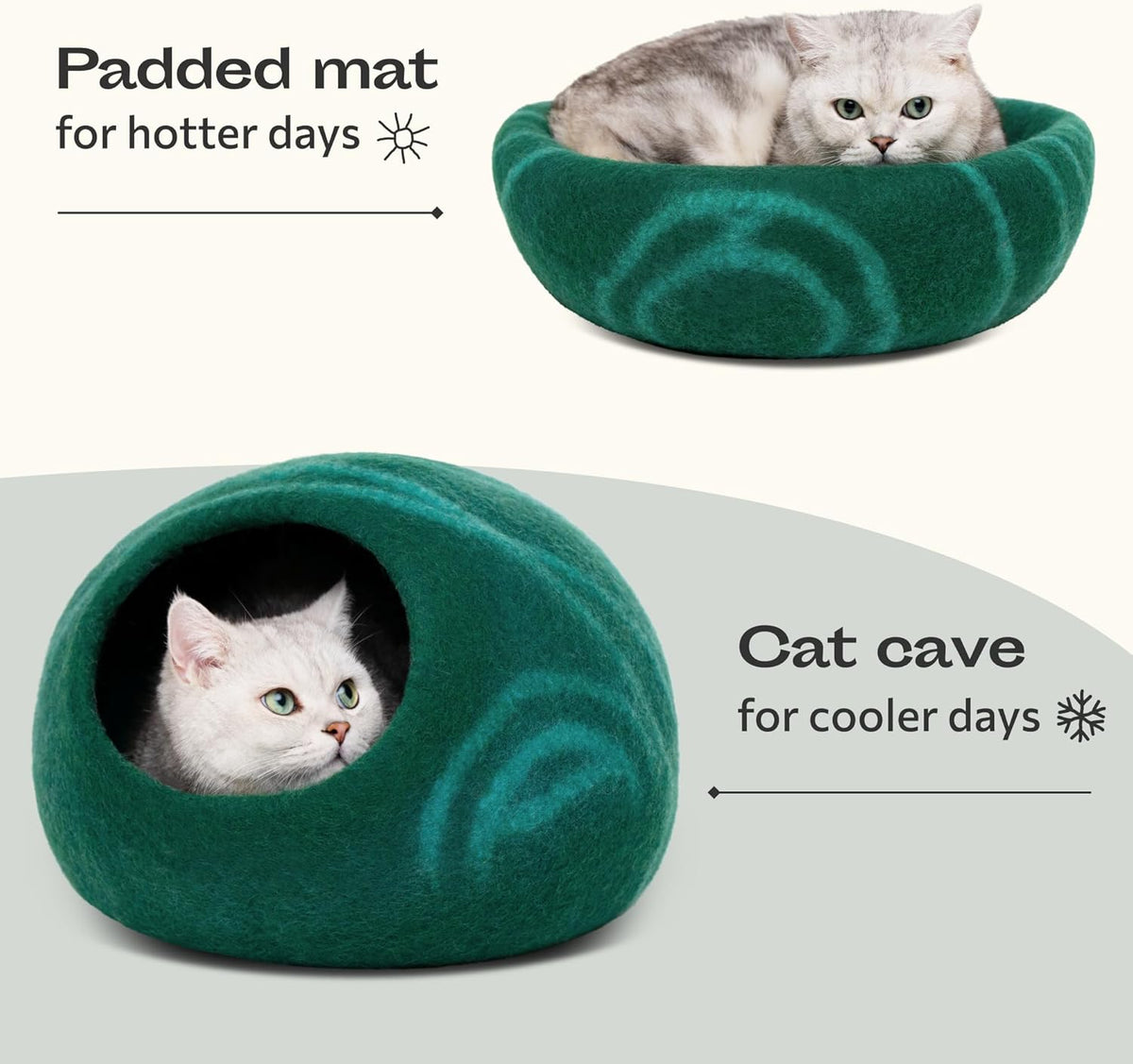 MEOWFIA Cat Cave - New Zealand Wool Bed for Indoor Cats (Emerald)