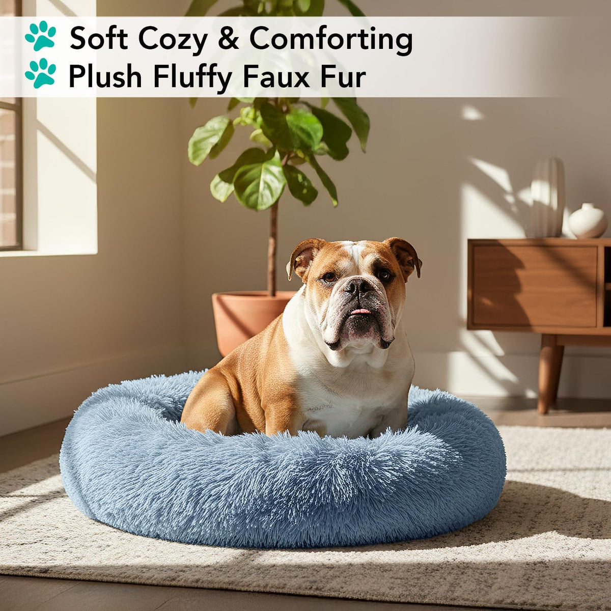 PetAmi Calming Donut Dog Bed, Washable Faux Fur, 30 Inch Medium, Blue
