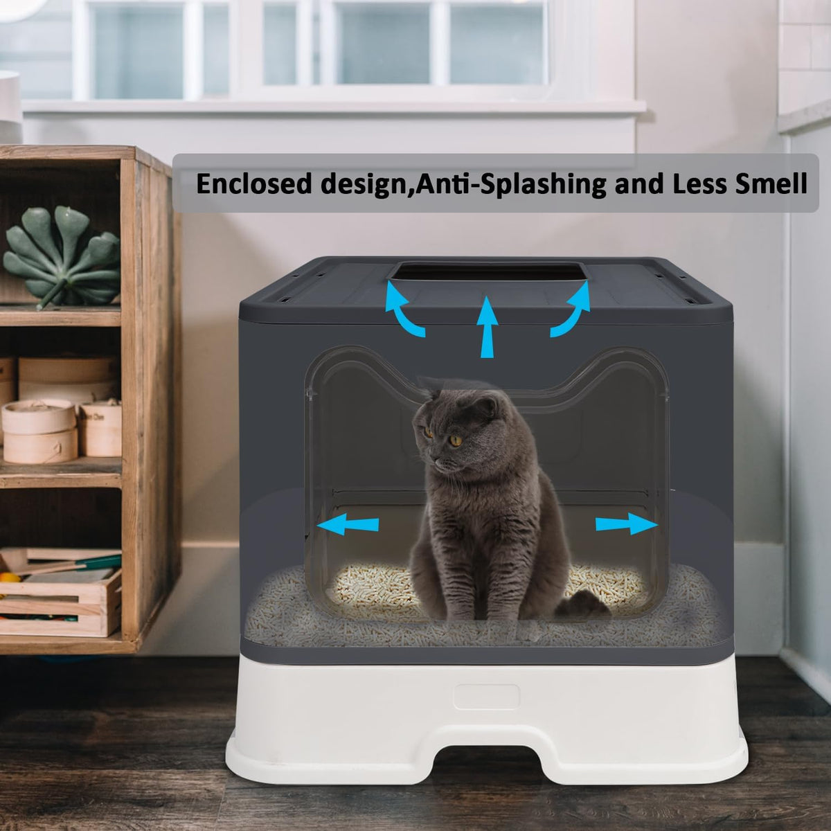 Foldable Cat Litter Box with Lid, Enclosed Potty, Large Top Entry Anti-Splashing Toilet, Easy to Clean Including Litter Scoop and 2-in-1 Cleaning Brush (Black)