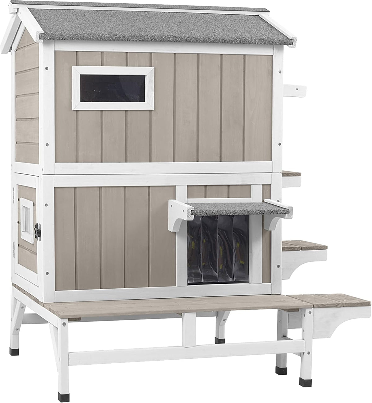 GoWoodHut Outdoor Cat House Weatherproof Cats Shelter for Feral Kitten Pet Houses for 1-2 Small Animlas 2 Story Wooden Houses for Indoor Outdoor Cats with Escape Doors (25.5" D x 33.5" W x 39.5" H)