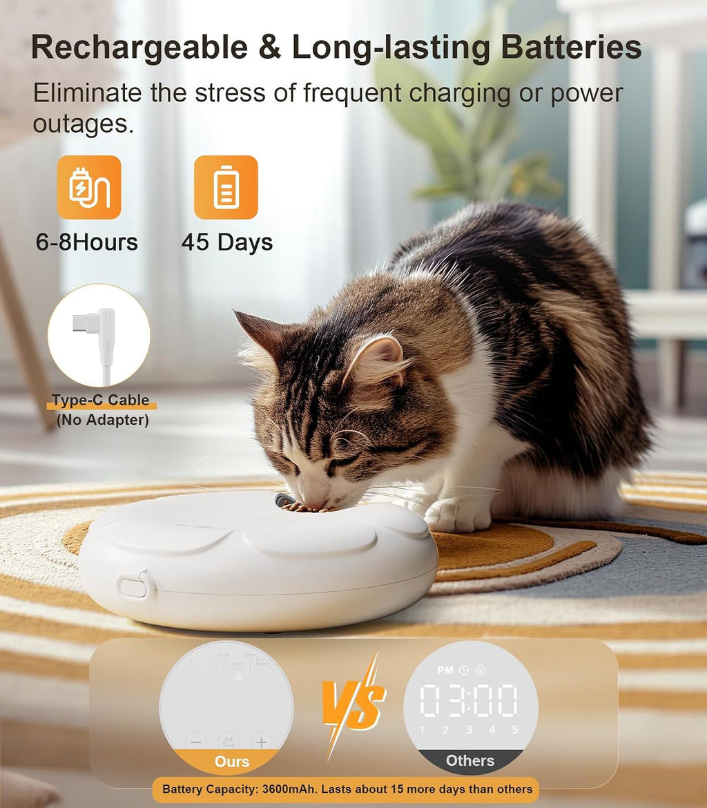 Casfuy Automatic Cat Feeder Cordless - Automatic Cat Food Dispenser for Wet Moist Food with 4 Ice Packs Rechargeable Auto Feeder for Cats Small Dogs with Programmable Timer Low Battery Indicator