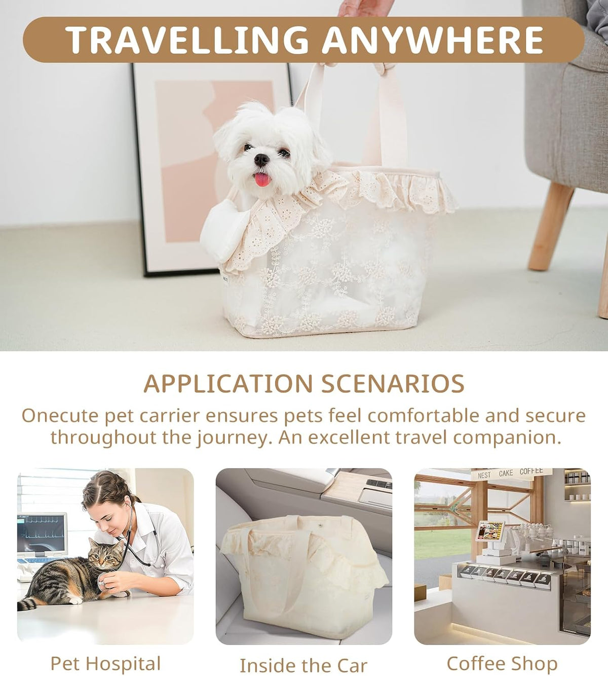 ONECUTE Dog Carrier for Small Dogs Rabbit cat with Lace Design, Cotton Bag, Dog Carrier Soft Sided, Collapsible Travel Puppy Carrier (Beige, 13" L x 6.7" W x 10.6" H)