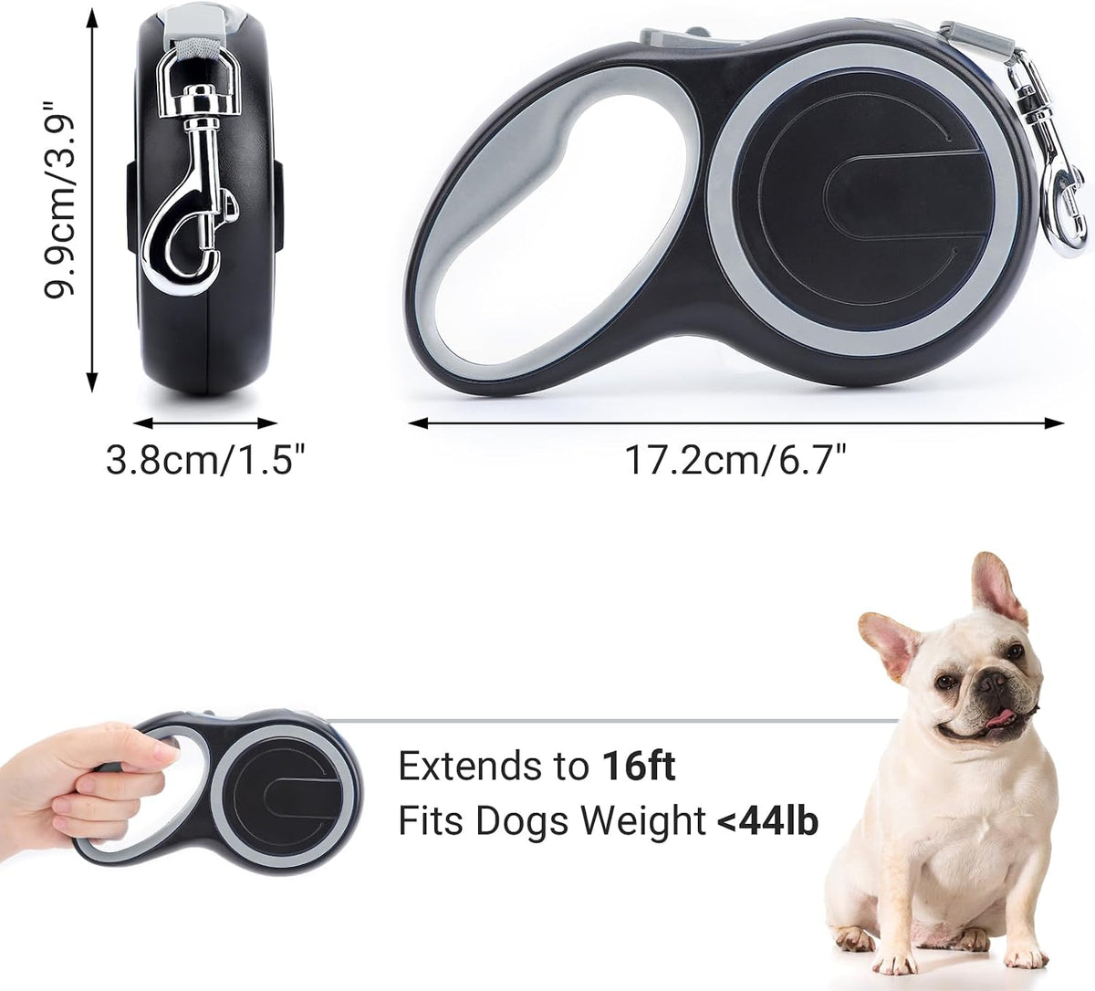 Segarty Retractable Dog Leash, 16ft Heavy Duty Walking Dog Leash for Medium Small Dogs up to 44lb, Anti-Slip Handle 360°Tangle-Free Nylon Tape, One-Handed One Button Lock and Release (Gray)